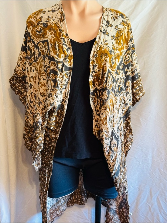 Jackets & Blazers - Earthy Boho Patterned Open Front Kimono - Mustard & Brown